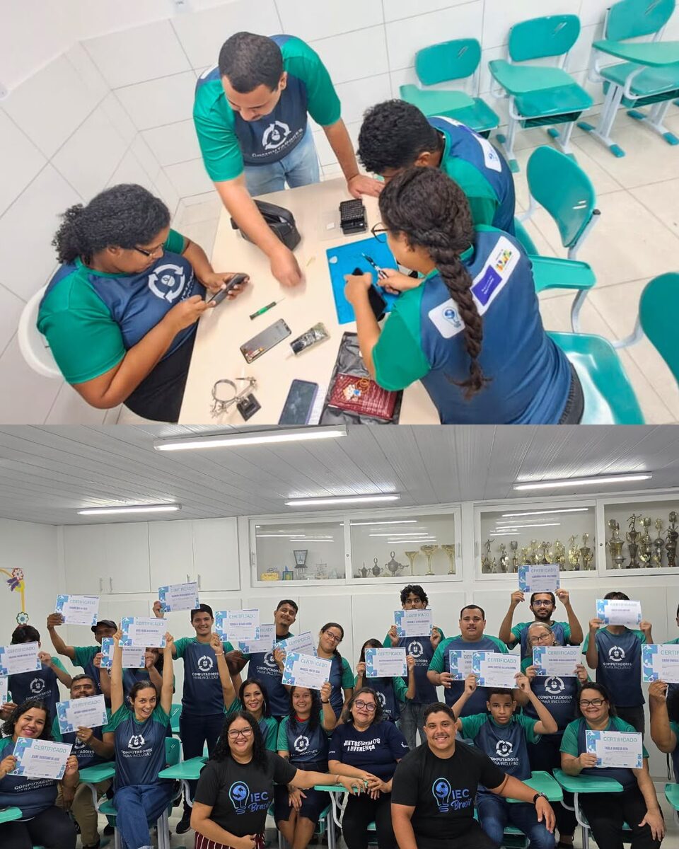 Equipe realizando oficina prática de reparo de smartphones